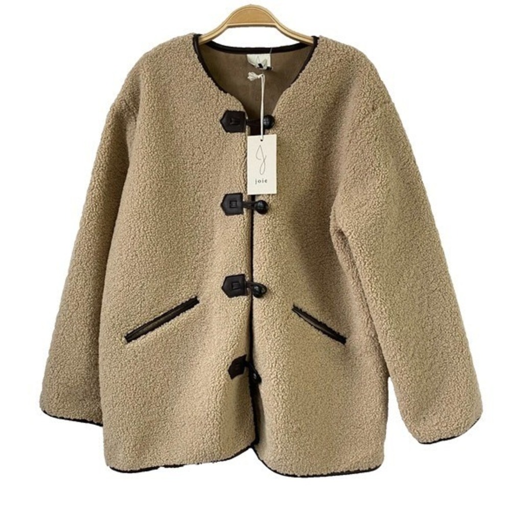 joie Sherpa Faux Fur Duffle Coat Jacket Women L Beige Brown Trim Boxy Barn Chore